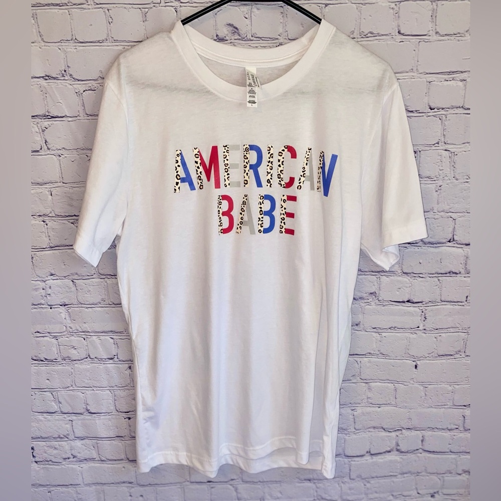 3/$15 White Graphic Tee with 'American Babe' Print